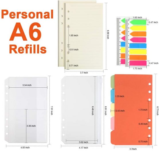 Teenitor 2 Packs Personal Refills Paper + A6 Index Dividers +2 Pcs Binder Envelope Pockets + 320 Pcs Sticky Tabs - A6 Refillable Notebook Lined Paper, Colorful Subject Dividers with PET Index Flags - Image 2