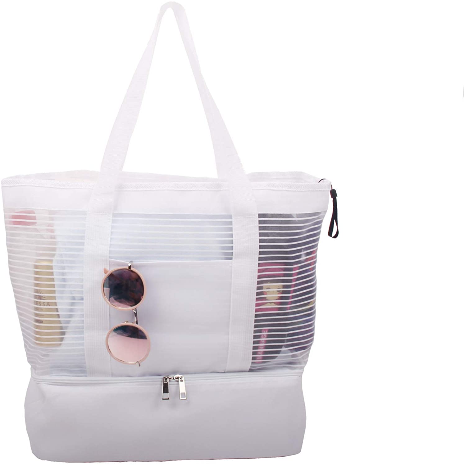 Large Mesh Beach Tote Bag with Zipper and Insulated Picnic Cooler Leak ...