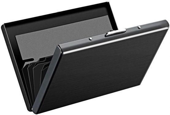 Credit Card Holders, RFID Blocking Wallet Stainless Steel Slim Security Card Protector with 6 PVC Slots for Women or Men (Black)