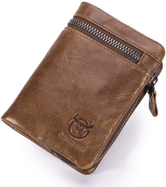 Genuine Leather Men Wallet, RFID Blocking Antimagnetic Credit Card Holder, Zipper Coin Purse Brown - Image 3