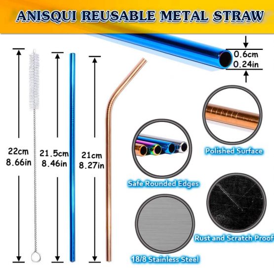 Set of 8 Reusable Metal Straws and Cleaner, 8.5'' Coloured Stainless Steel Straws Reusable, (4 Straight + 4 Bent + 2 Brushes Reusable Straws Drinking) by AniSqui - Image 2