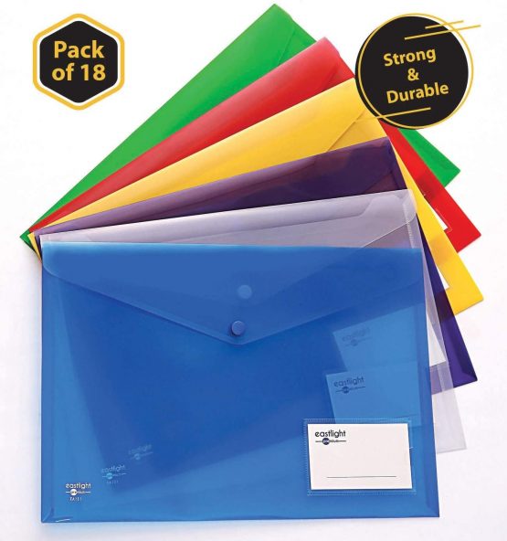 Eastlight A4 Plastic Popper Document Folder Wallet with Pocket Assorted Colours Pack of 18