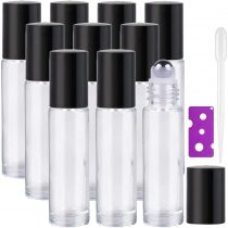 Essential Oil Roller Bottles - 10Pcs, 10ml Refillable Transparent Glass Roll on Bottles with Black Lids by Yalbdopo, 12 Pcs Labels, Dropper & Opener Included - Perfect for Fragrance, Aromatherapy