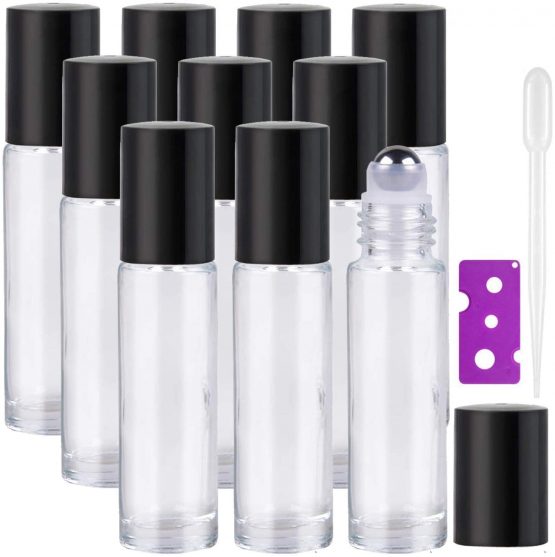 Essential Oil Roller Bottles - 10Pcs, 10ml Refillable Transparent Glass Roll on Bottles with Black Lids by Yalbdopo, 12 Pcs Labels, Dropper & Opener Included - Perfect for Fragrance, Aromatherapy