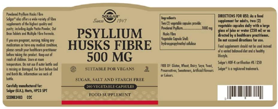 Solgar Psyllium Husks Fibre 500 Mg Vegetable Capsules, Pack of 200, High in Soluble Fiber, Vegan, 200 count (Pack of 1) - Image 2