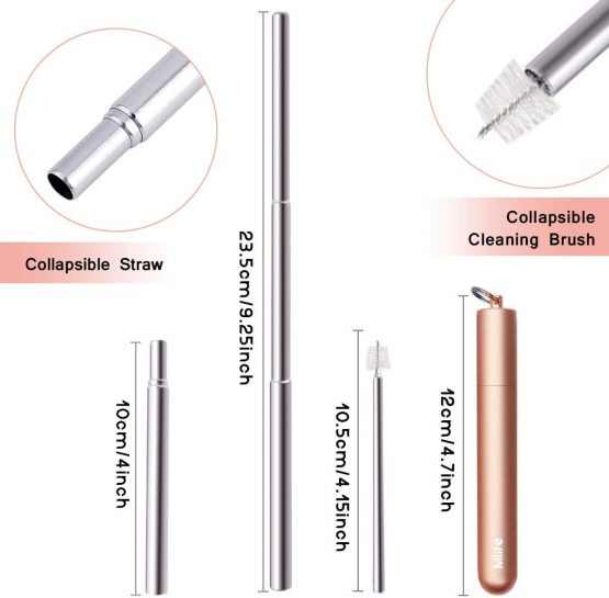 Mlife Rose Gold Foldable Reusable Straws - BPA Free Portable Stainless Steel Metal Drinking Straw with Travel Case & Cleaning Brush & Carabiner - Image 2