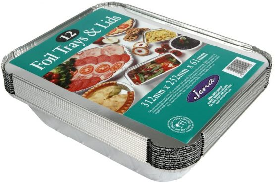 Jena 12 Large Foil Trays with Lids, Silver, 312mm x 252mm x 61mm
