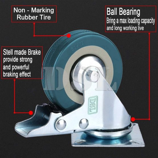4 x Heavy Duty Braked 50mm Rubber Swivel Castor Wheel Trolley 200KG + Free Fitting - Image 2