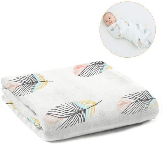 Baby Muslin Washcloths ALBOYI 120cmX120cm Organic Cotton Cartoon Newborn Towel Muslin Squares Babies Soft Washcloth Swaddle Blanket Shower Wipe(Colour Feather Print)