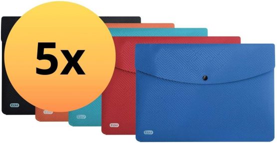 Elba Urban Opaque Plastic A4 Wallets with Rounded Corners and snap Fastening, Pack of 5, Assorted a4 Assorted Colours