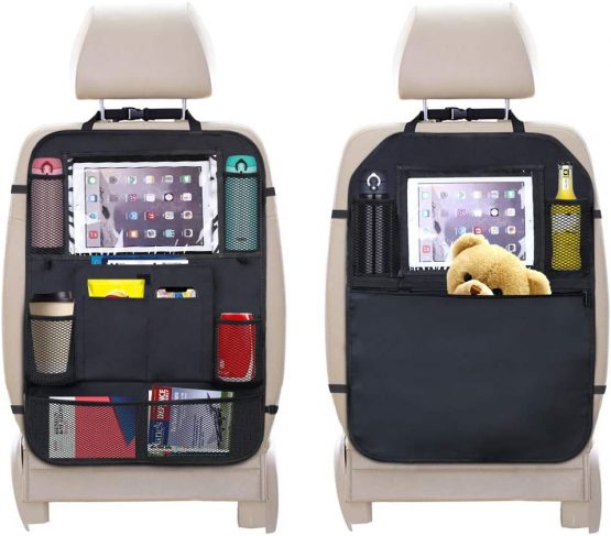 URAQT Car Organiser, 2 pack Car Back Seat Organizer Storage Bag, Waterproof Seat Back Protector Kick Mats for Kids Baby, Tablet Holder Car Storage Organizer with Multi Pockets