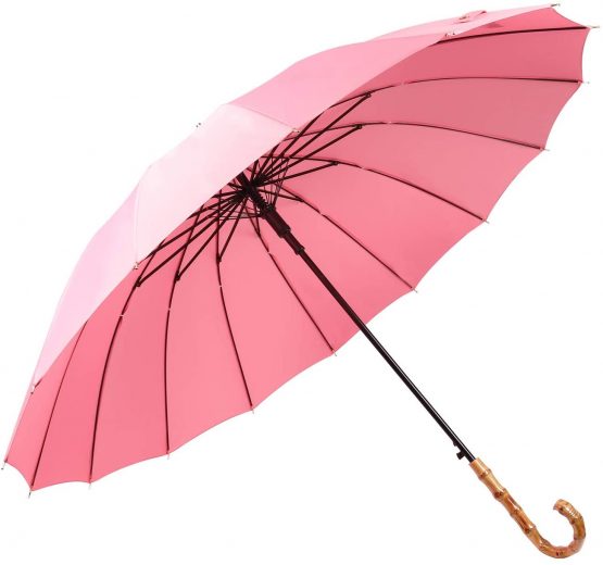 ThreeH Golf Umbrella Windproof and Rainproof Auto Open Bamboo Hook Handle Stick Umbrella KS08,Pink