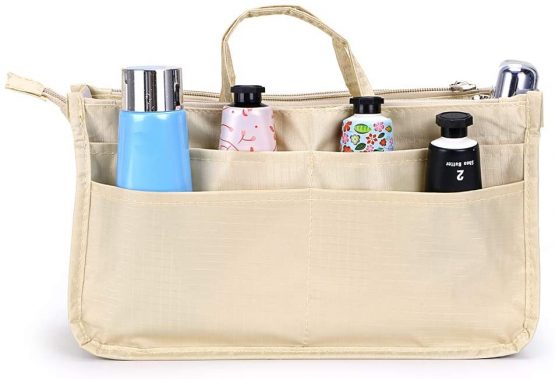 IGNPION Printed Insert Handbag Purse Organiser 13 Pockets Expandable Liner Bag Pouch Zipper Closure Tote Organiser Diaper Bag Insert with Handle (Beige） - Image 4