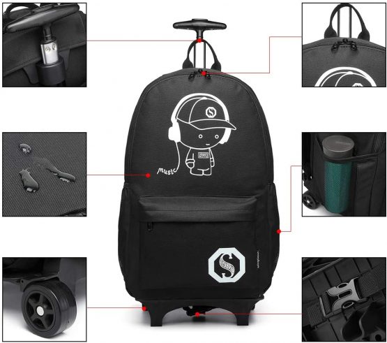 Kono Functional Laptop Rucksack with Rolling Wheels Lightweight and Waterproof Luminous Music Boy Detachable Trolley Backpack Cabin Luggage Bag (Black) - Image 4