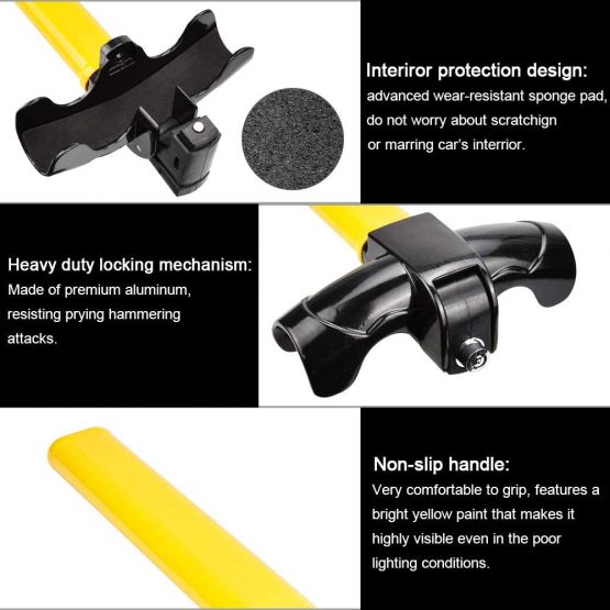 RMENOOR Steering Wheel Lock T-Bar Steering Wheel Immobiliser Heavy Duty Anti Theft Devices with 2 Keys, Universal Steering Wheel Clamp for Cars, Trailer, Vans, Caravans (Black & Yellow) - Image 3
