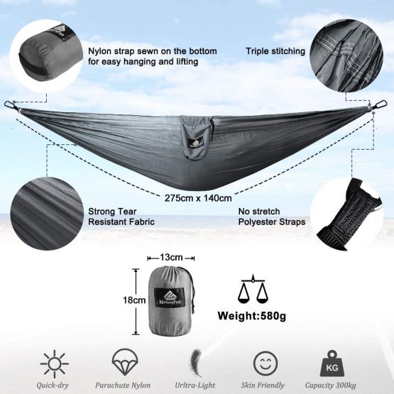 NATUREFUN Ultra-Light Travel Camping Hammock | 300kg Load Capacity,(275 x 140 cm) Breathable,Quick-drying Parachute Nylon | 2 x Premium Carabiners,2 x Nylon Slings Included | Outdoor Indoor Garden - Image 3