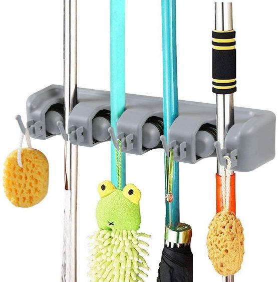 Vicloon Broom Mop Holder Tidy Organizer, Wall Mounted Organizer with 4 Position 5 Hooks for Brush Mop and Broom Tool Storage