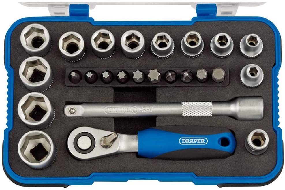 Draper 1/4" 25 Piece Square Drive Metric Socket Set, Blue, 1/4 inches