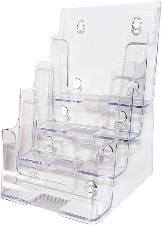 BELLE VOUS Multi-Tier Acrylic Literature Holder - 4 x A5 Pockets Clear Plastic Display Stand - Trifold Brochure Dispenser for Wall Mount or Desktop - Holds Leaflets, Flyers, Menus, and Pamphlets - Image 3