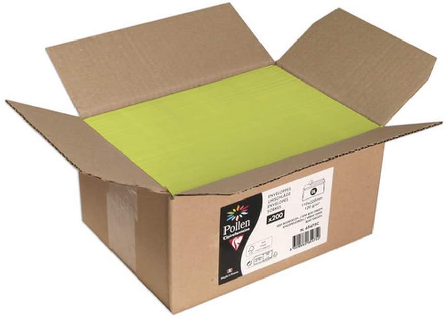 Clairefontaine 65475C Carton of 200 Self-Adhesive Envelopes DL (11x22cm) 120g/m² Leaf Bud Green Invitation Event and Correspondence Range Pollen Premium Paper