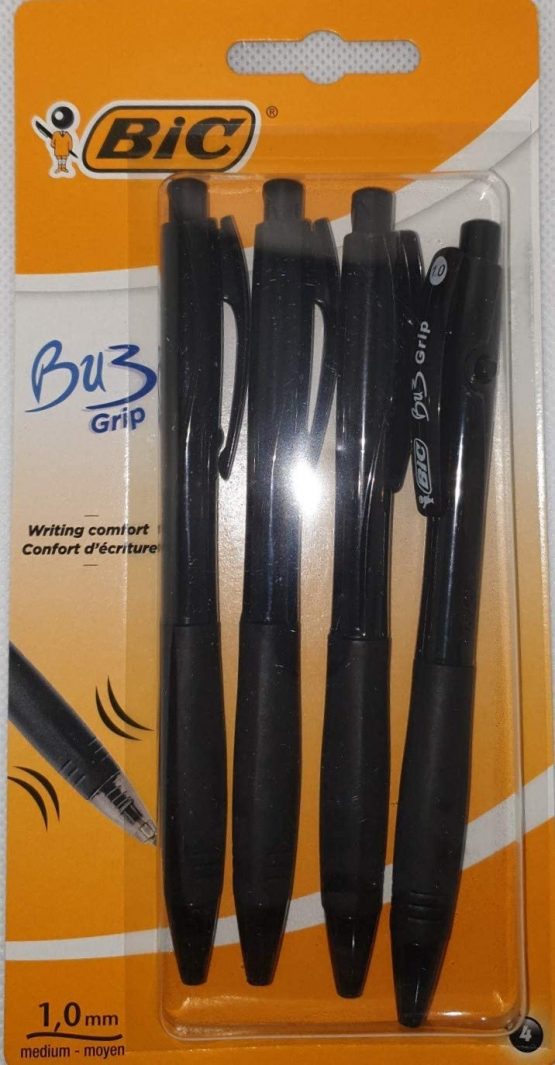 Bic Bu3 Grip 1.0 Black Retractable Ball Pen 4 Pack Stationery