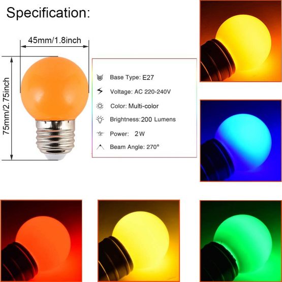 10Pack Colored Bulbs 2W E27 G45 Lighting Bulbs,LED Coloured Golf Ball Bulb Lamp,Mixed Colours Red Green Blue Orange Yellow - Image 2