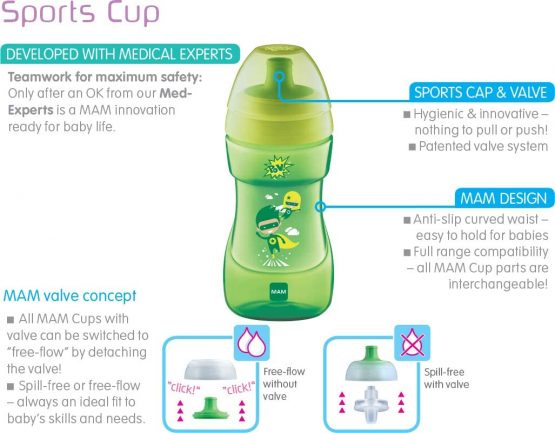 MAM Sports Cup, 330 ml, Trendy Non-Spill Cup for 12+ Months, Baby Cup Bottle with Free Flow Spout, Toddler Cup, Blue (Designs May Vary) - Image 4