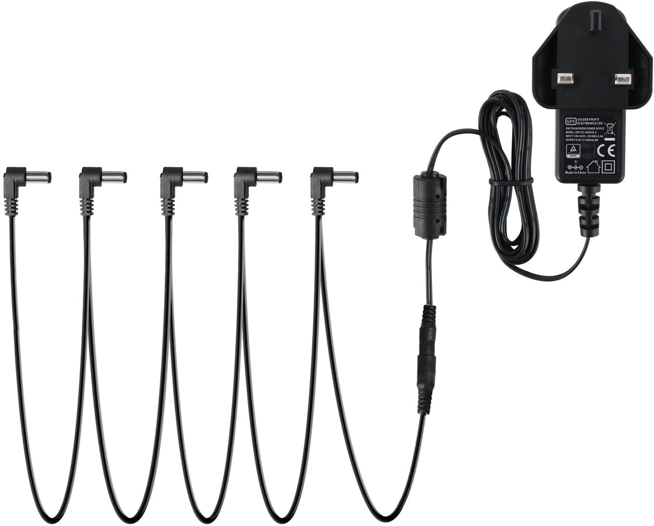 Pedal Power Supply Adapter DPA-1, Donner 9V DC 1A Tip Negative 5 Way Daisy Chain Cables for Effect Pedal, Black