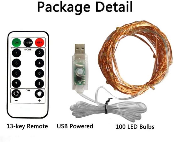 BXROIU 100LEDs Micro Fairy Lights 10 Meter Silver Wire with USB Remote Control 8 Program and Timing Dimming LED Lights for Party, Christmas, Wedding, Lighting Decoration Pack of 2 (Warm White) - Image 2