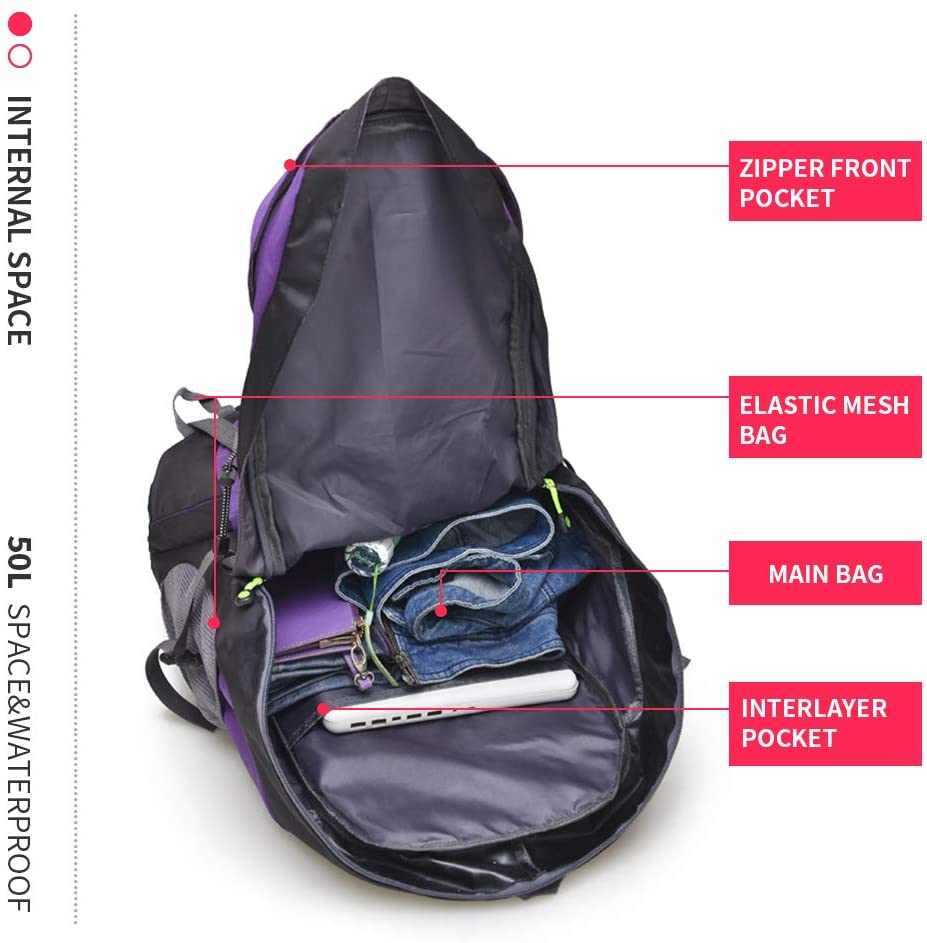 free knight 50L Waterproof Ultra Lightweight Hiking Backpack,Frameless,Outdoor Sport Daypack Travel Bag for Climbing Camping Touring Mountaineering Fishing (Purple) - Image 4