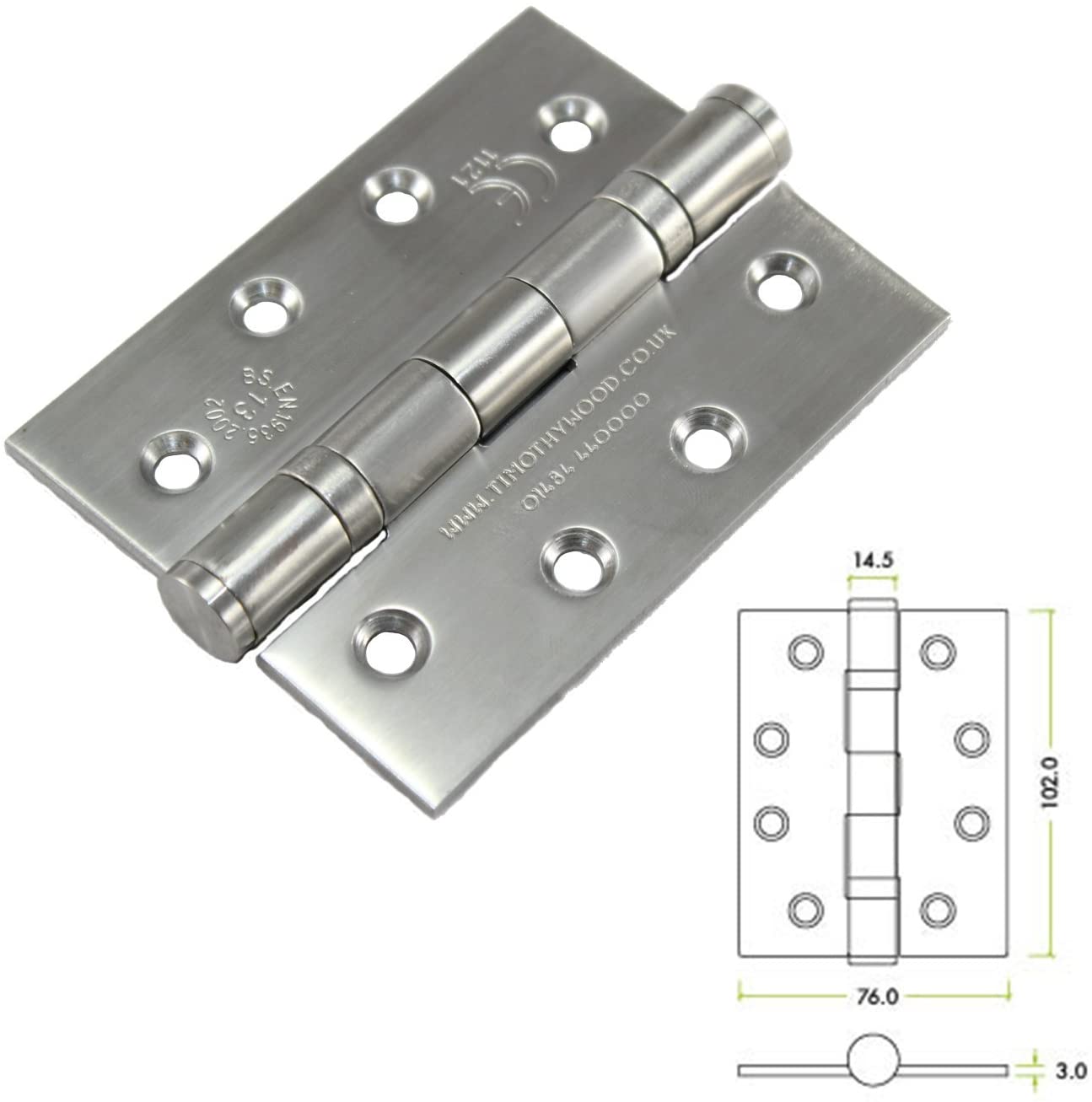 Timothy Wood Limited 3 Pack of Grade 13 Fire Rated Ball Bearing Door Butt Hinges 4" 102mm - Stainless Steel - Image 2