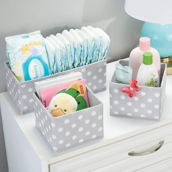 mDesign Soft Fabric Dresser Drawer and Closet Storage Organizer Set for Child/Baby Room or Nursery – 8 Organizing Bins - Polka Dot Pattern, Set of 8, Light Gray with White Dots - Image 4