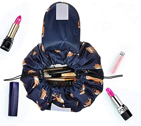 Drawstring Makeup Bag,ONEGenug Cosmetic Bag,One-Step Toiletry Organizer, Cosmetic Pouch for Lazy Ladies Darkblue