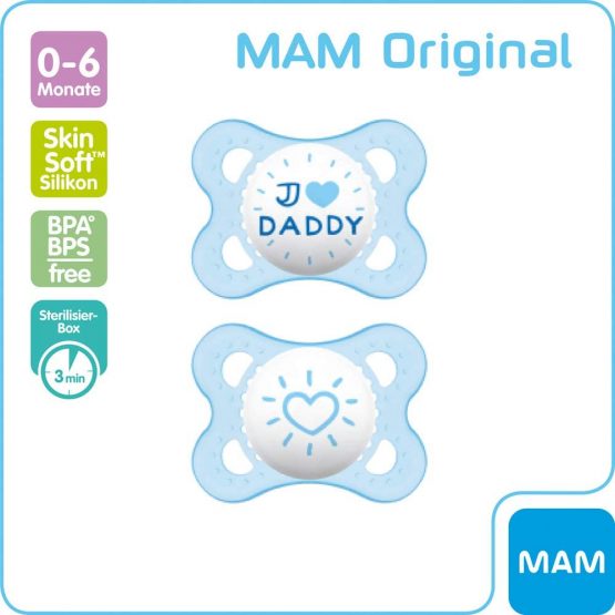 MAM "Skin Soft" Silicone Dummy // I Love Mummy & Daddy // 0-6 Mo. Boy // set of 4 // incl. 2 sterilised transport boxes - Image 2