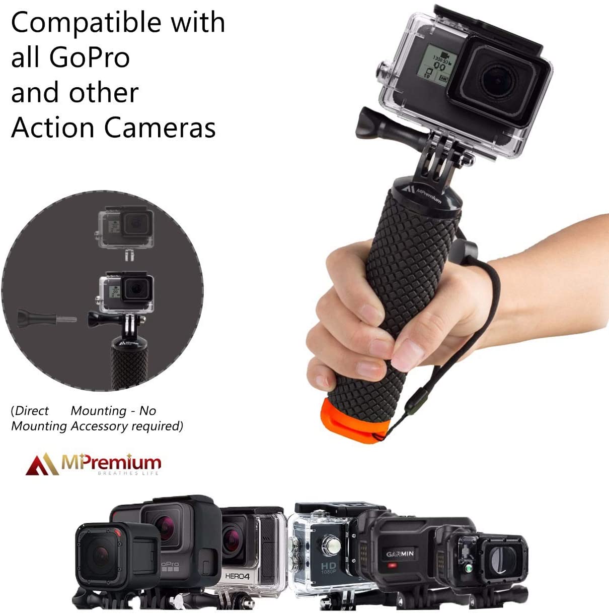 Waterproof Floating Hand Grip Compatible with GoPro Hero 13 12 11 10 9 8 7 6 5 4 3+ 2 1 Session Black Silver Handler & Handle Mount Accessories Kit for Water Sport and Action Cameras (Orange) - Image 3