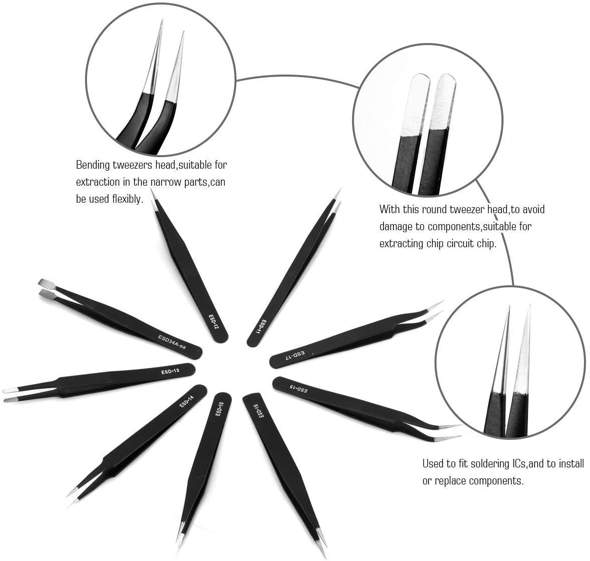 Hafeehoo 10PCS ESD Tweezers Kit, Precision Anti-Static Tweezers Set, Non-Magnetic, Multi-Standard Stainless Steel - Image 4