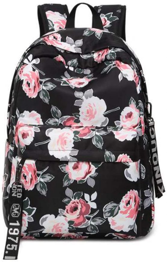 Floral School Bag Backpack for Teenage Girls, Uniuooi Secondary College School Students Satchel Book Laptop Bag Waterproof Travel Rucksack Women Ladies (Black)