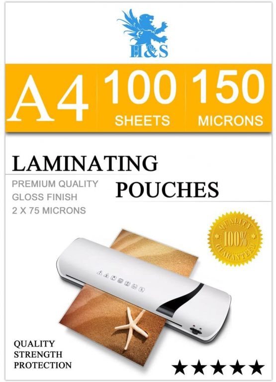 H&S 100 x A4 Laminating Pouches 150 Micron (2 x 75 Micron) Gloss Laminator Pouches Sheets Glossy Laminate Pouch