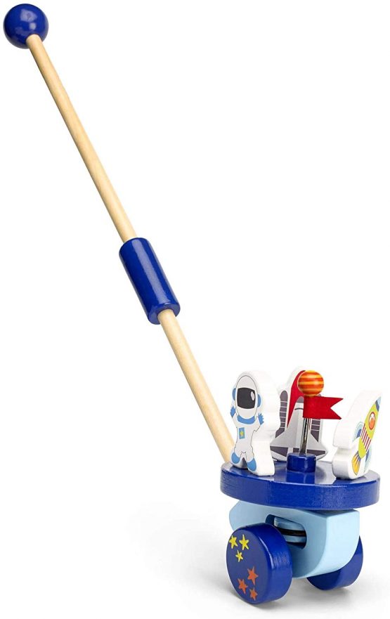 Mousehouse Gifts Space Rocket Push Along Wooden Toy for Baby or Toddler