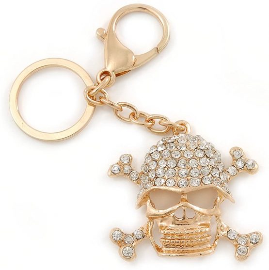 Avalaya Clear Crystal Skull & Crossbones Keyring/Bag Charm in Gold Tone - 12cm L