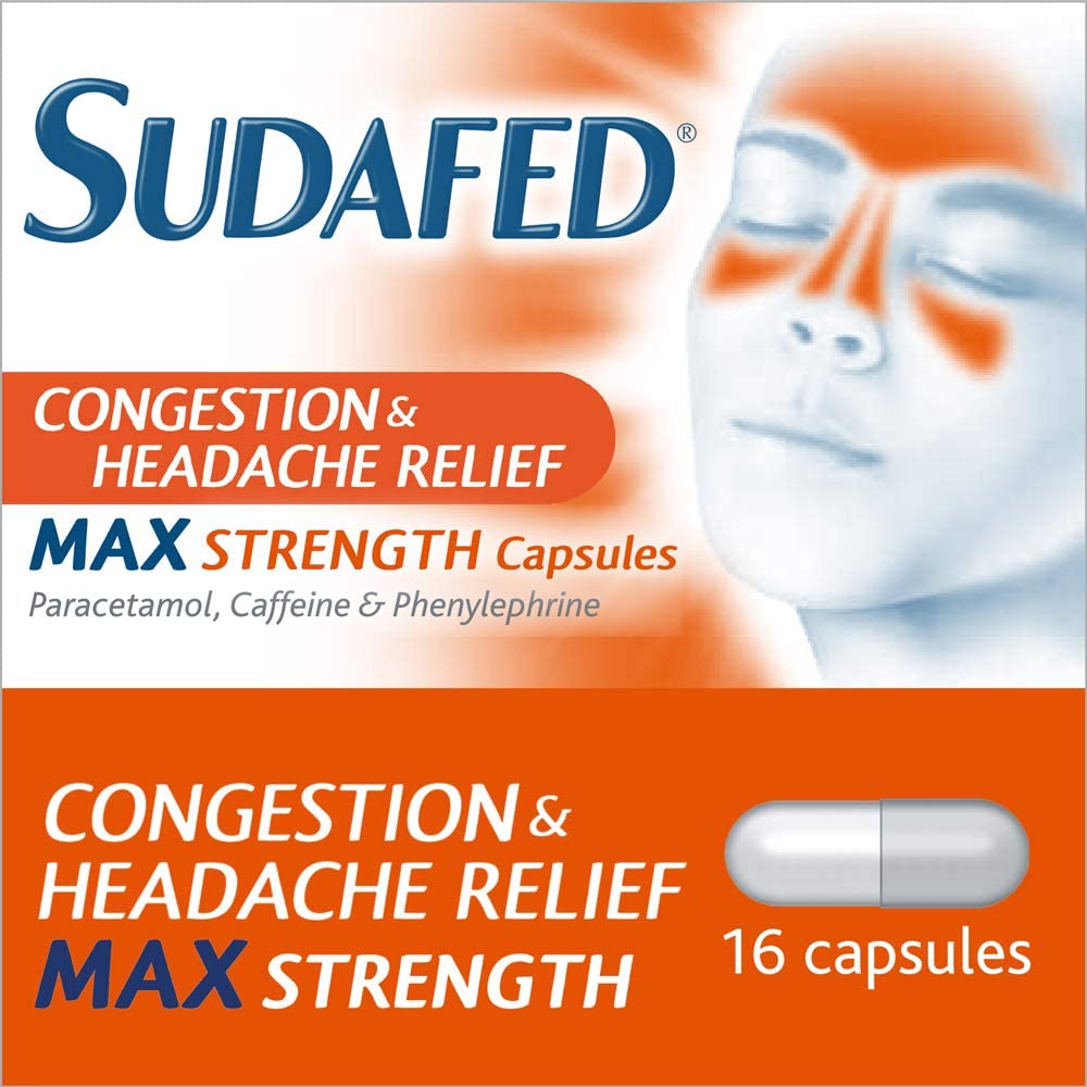 Sudafed Congestion & Headache Relief Max Strength Capsules, Targets Blocked Nose, Pressure, Heavy Head