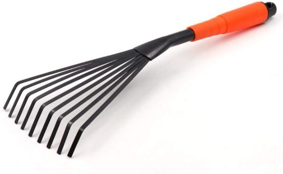Meccion Mini Garden Rake 16 Inch 9 Root Steel Hand Fan Leaf Rake with Ergonomic Comfort Grip & Rust Resistant - Professional Gardening Tool