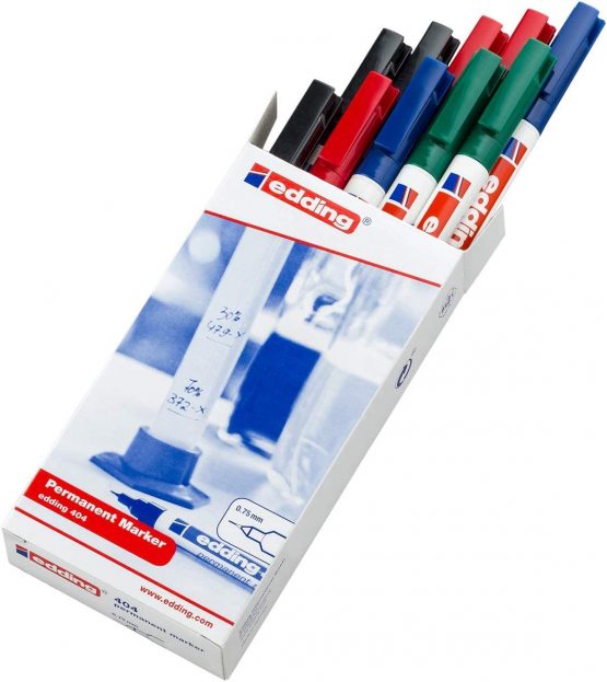 edding 404 Permanent Marker - Black, Red, Blue, Green - 10 Pens - Fine Round Tip 0.75 mm - Waterproof, Quick-Drying, Smear-Proof Pens - for Cardboard, Plastic, Wood, Metal, Glass and Fabric