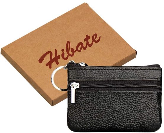 Hibate Mini Coin Purse Holder Wallet Leather Purses for Women Men Kids Minimalist Zip Pouch with Key Ring - Black - Image 3