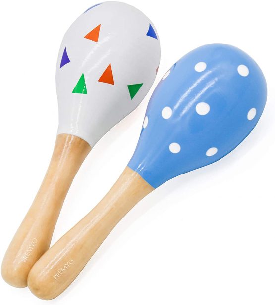 PREMYO Baby Rattle Maracas - Wooden Musical Instruments for Toddlers - Newborn Sensory Toys - Stars Note Blue White