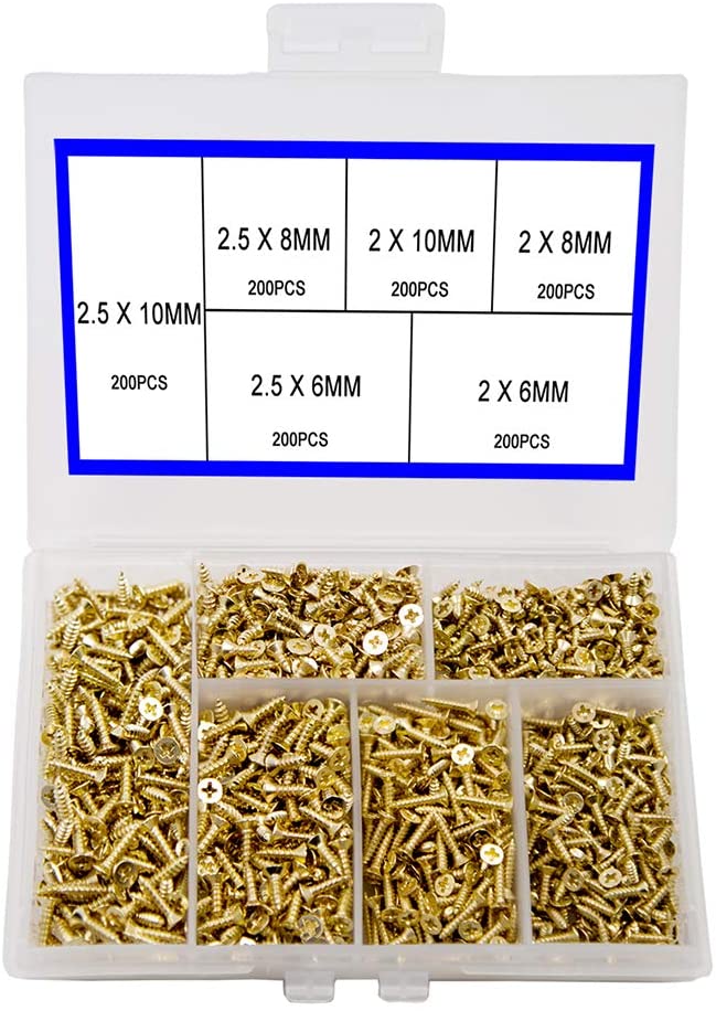 newlng 1200pcs M2 M2.5 Small Screws Phillips Flat Head Cross Wood Screws Self Tapping Screw Dssortment Cabinet Multifunctional DIY Micro Fasteners Screw Set Gold