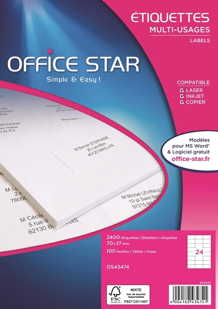 Office Star OS43474 Multi-Use Labels 70 x 37 mm Box of 2,400 White