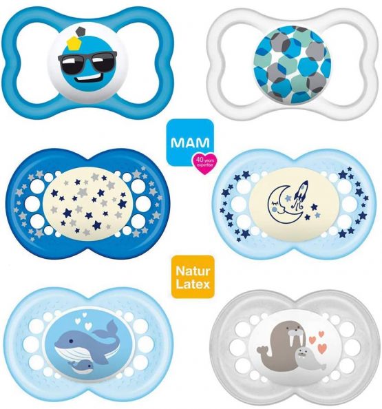 MAM Day & Night // Latex // Original Dummy & Air Dummy // 16+ Mo. // Boy Mix // Set of 6 // Incl. 3 x Sterilised Transport Boxes