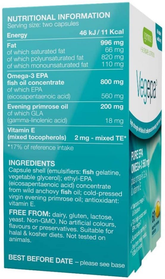 Vegepa Omega-3-6 Essential Fatty Acids, Wild Fish Oil & Evening Primrose Oil, 560mg EPA Omega-3 per Serving, 60 Capsules - Image 3