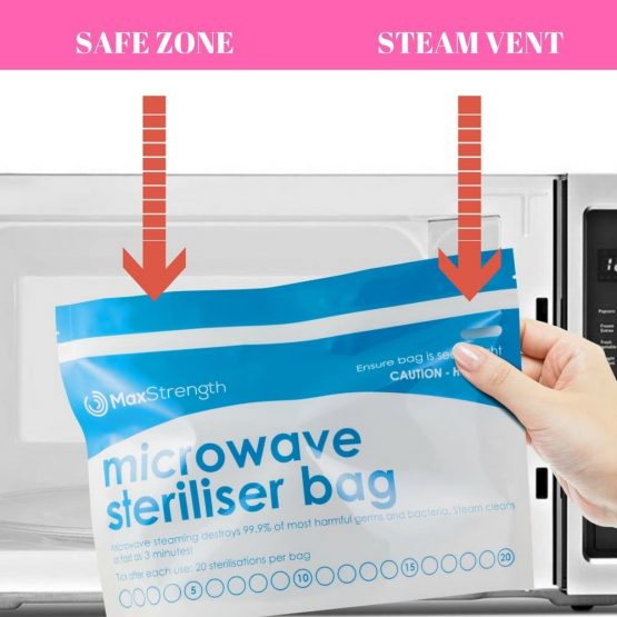 Microwave Steriliser Bags Premium 10pc Pack by Max Strength, Large & Durable Steam Bags for Baby Bottles, Soothers, Teethers & Training Cups, 20 Uses Per Bag, Marking System, Chemical Free & Safe Zone - Image 4